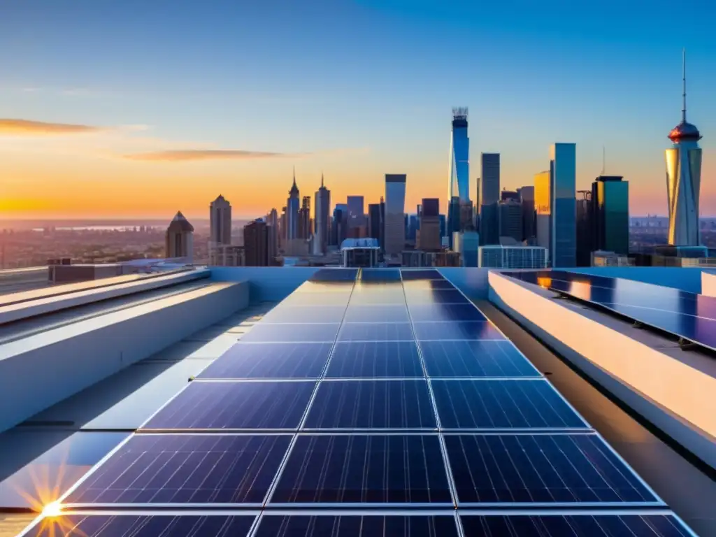 Un atardecer dorado ilumina la instalación de paneles solares en la azotea de un edificio moderno, con la ciudad de fondo