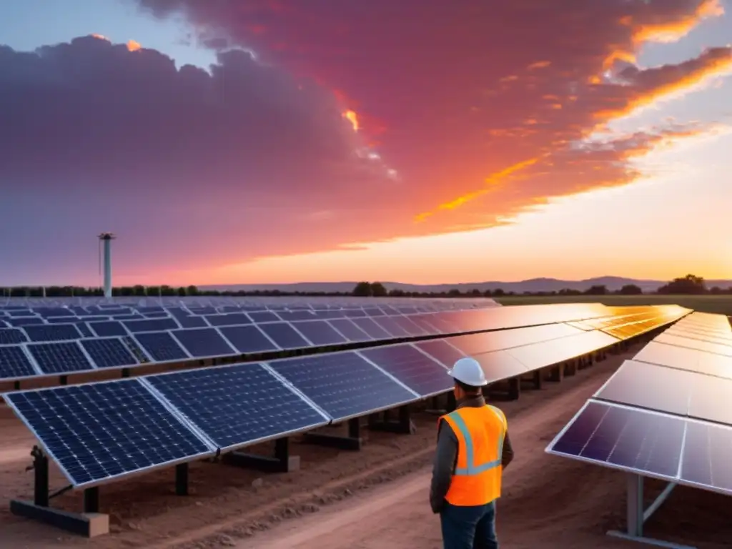 Un atardecer radiante ilumina una planta de energía solar, con paneles que se extienden hacia el horizonte