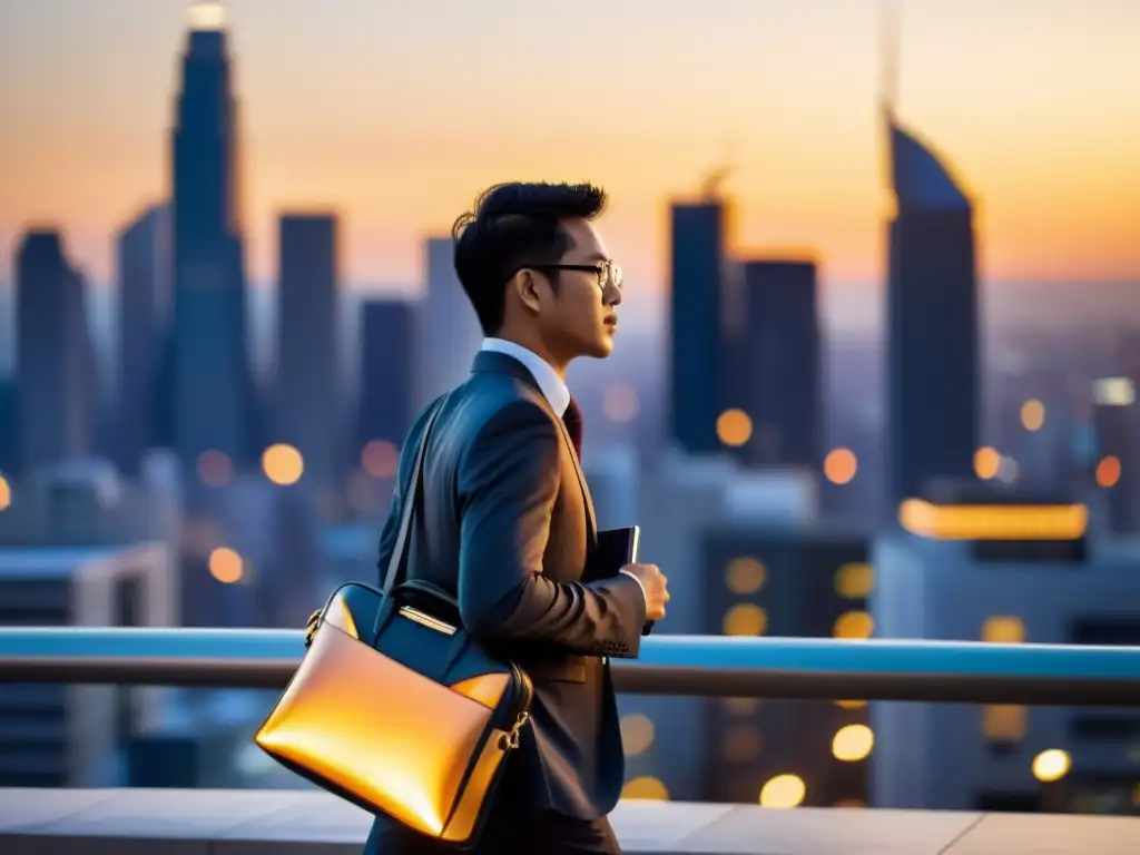 Un atardecer vibrante en la ciudad, con rascacielos iluminados y una persona caminando con determinación