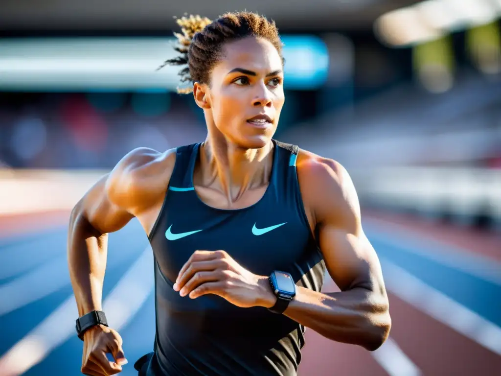 Un atleta profesional corre en una pista con tecnología de código abierto en deporte, mostrando determinación y concentración