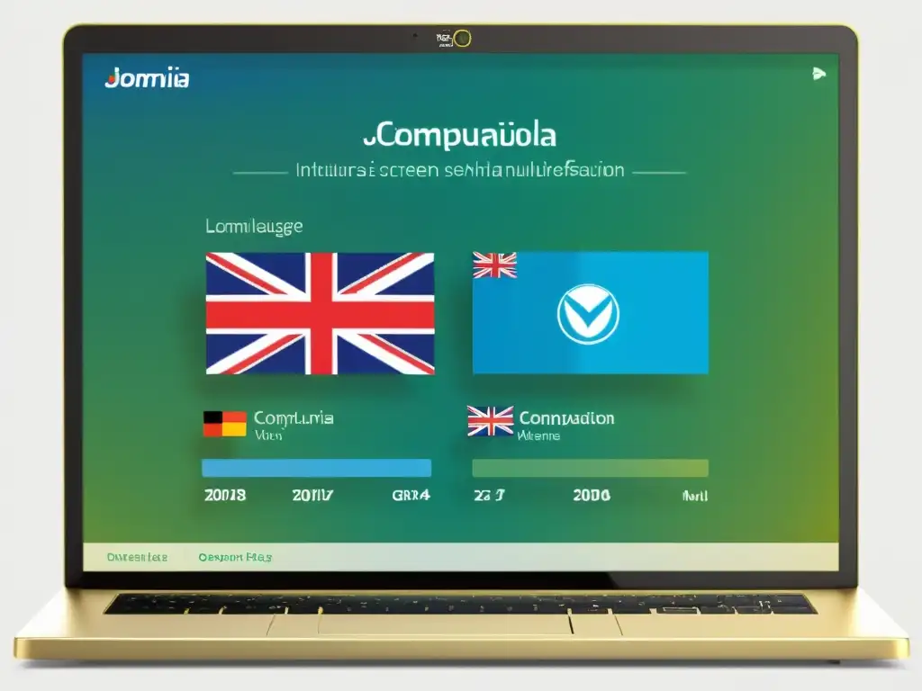 Configurando Joomla para audiencias multilingües: Pantalla moderna con la interfaz multilingüe mostrando la configuración intuitiva y profesional