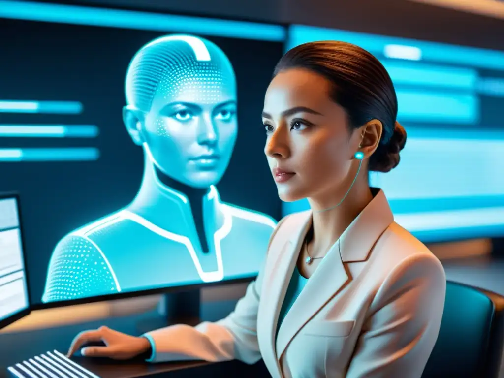 Un auditor de IA futurista escanea código en un entorno moderno, rodeado de visualizaciones holográficas