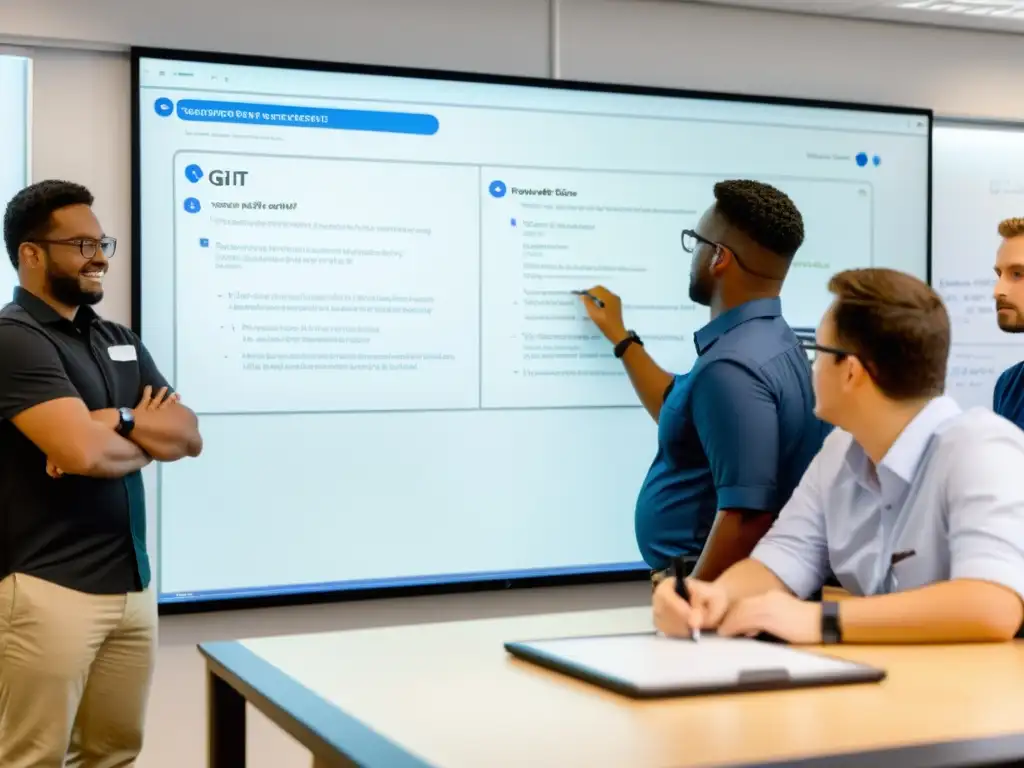 Un aula dinámica con educadores y estudiantes colaborando en un repositorio Git