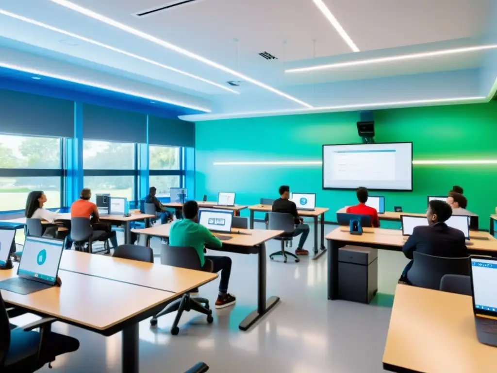 Aula del Futuro: Tecnología IoT en la Educación Un aula futurista con aprendizaje interactivo IoT código abierto, estudiantes colaborativos y alta tecnología educativa