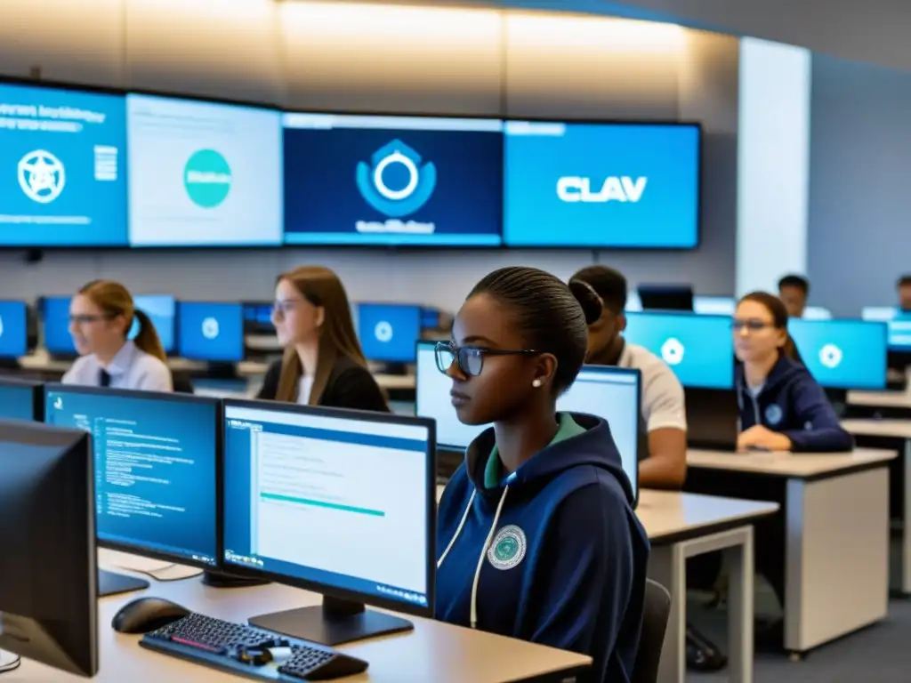 Un aula llena de estudiantes concentrados en sus computadoras, con la interfaz de ClamAV en cada pantalla