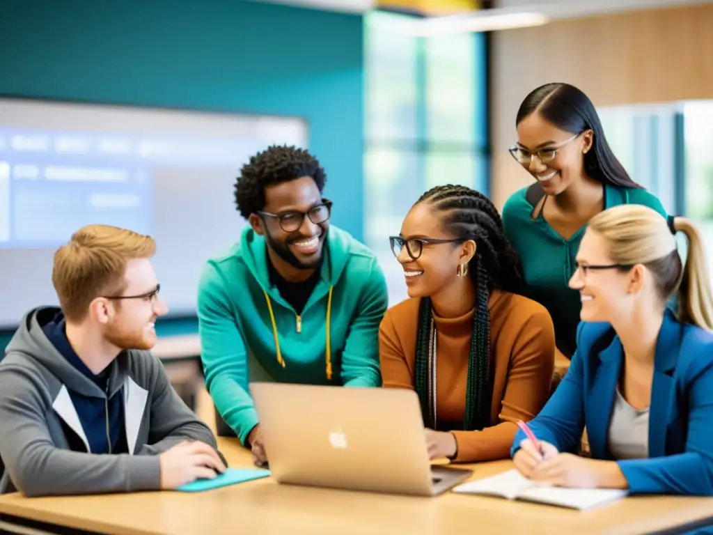 Un aula moderna donde estudiantes y maestros colaboran en proyectos de software de código abierto, destacando los beneficios del software de código abierto en educación