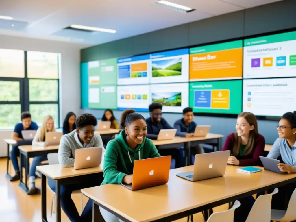 Transformación educativa con Moodle: aula moderna, estudiantes colaborando con laptops y tabletas, ambiente dinámico y vibrante