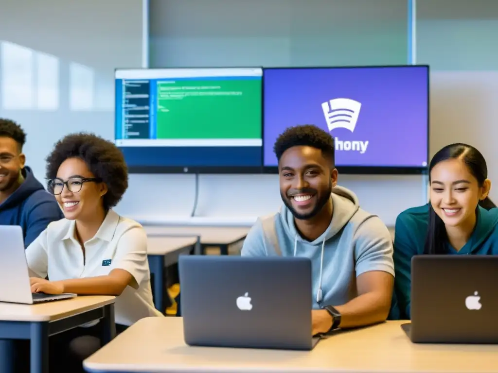 Un aula moderna con estudiantes diversos trabajando en laptops con Thonny IDE