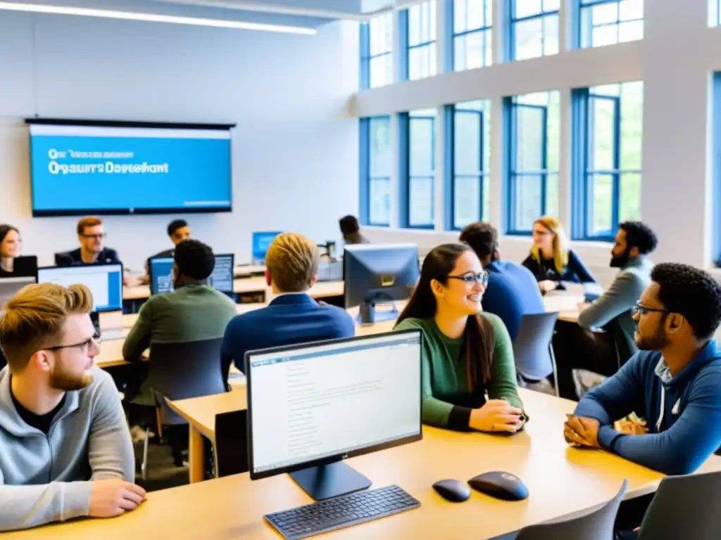 Una aula moderna llena de estudiantes usando software de código abierto