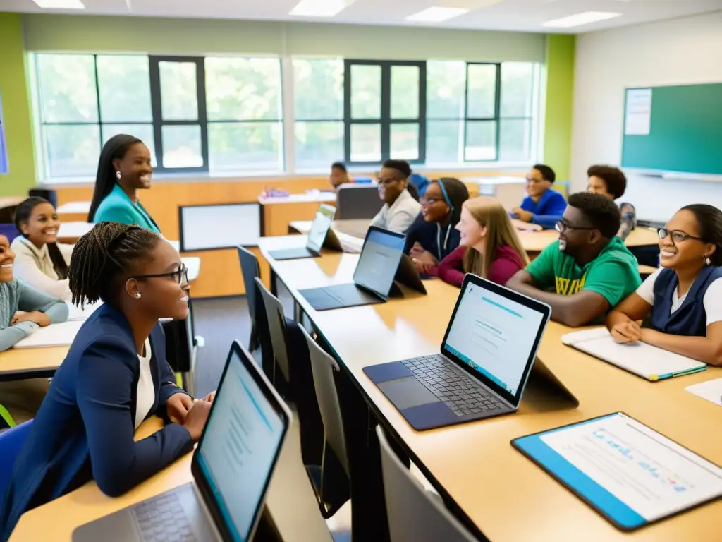 Un aula moderna y vibrante con estudiantes comprometidos colaborando en proyectos, rodeados de tecnología educativa