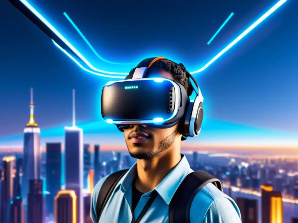 Realidad virtual de código abierto: Futuro inmersivo Un auricular de realidad virtual de alta tecnología flota sobre una ciudad futurista, mostrando el impacto del código abierto en la realidad virtual