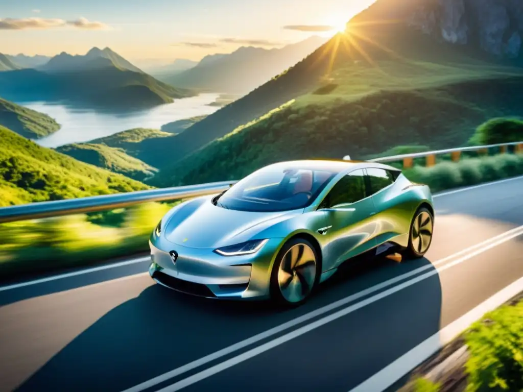 Un auto eléctrico futurista y elegante recorre una carretera rodeada de exuberante vegetación y montañas imponentes