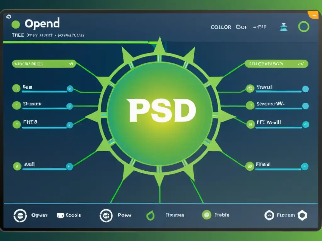 Configuración avanzada del firewall OpenBSD: Interfaz futurista muestra red compleja de servidores y reglas PF detalladas en tonos vibrantes