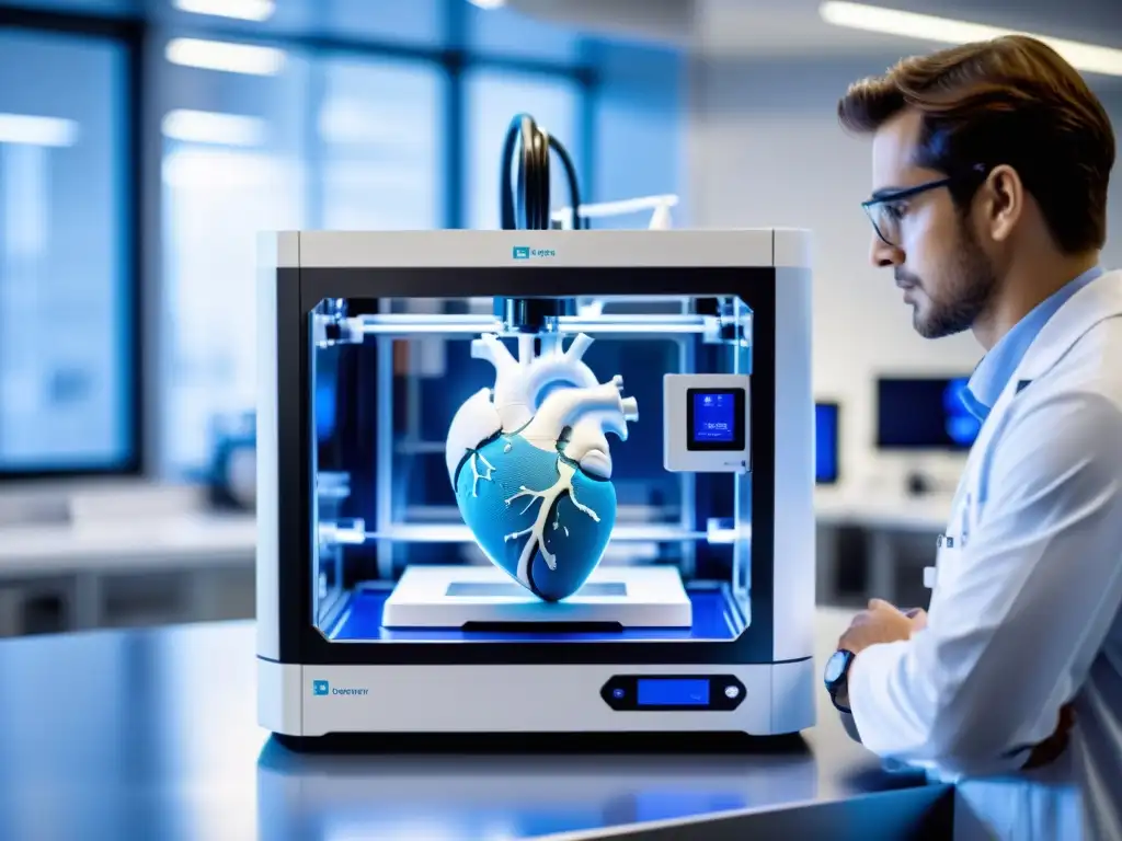 Avanzada impresión 3D en industria médica: modelo de corazón se crea en instalación futurista con profesionales observando