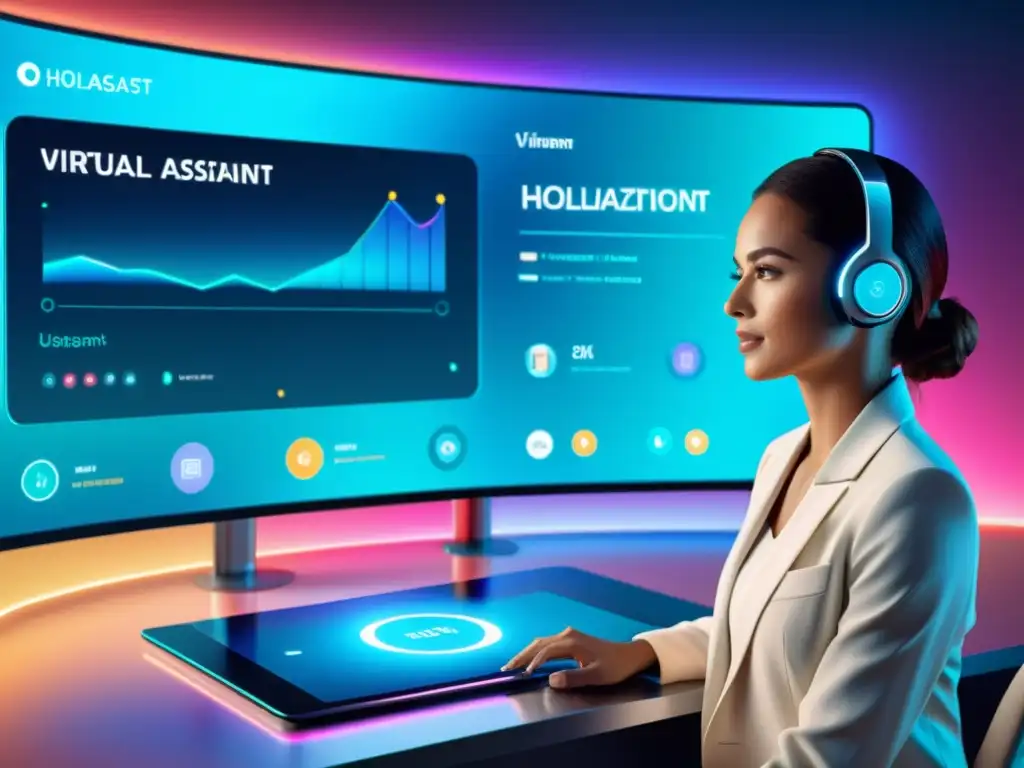 Avanzada interfaz de asistente virtual con diseño futurista y dinámica visualización de datos