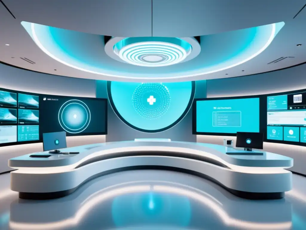 Avanzada instalación médica futurista con herramientas de inteligencia artificial en medicina, diseño minimalista y paleta de colores relajantes