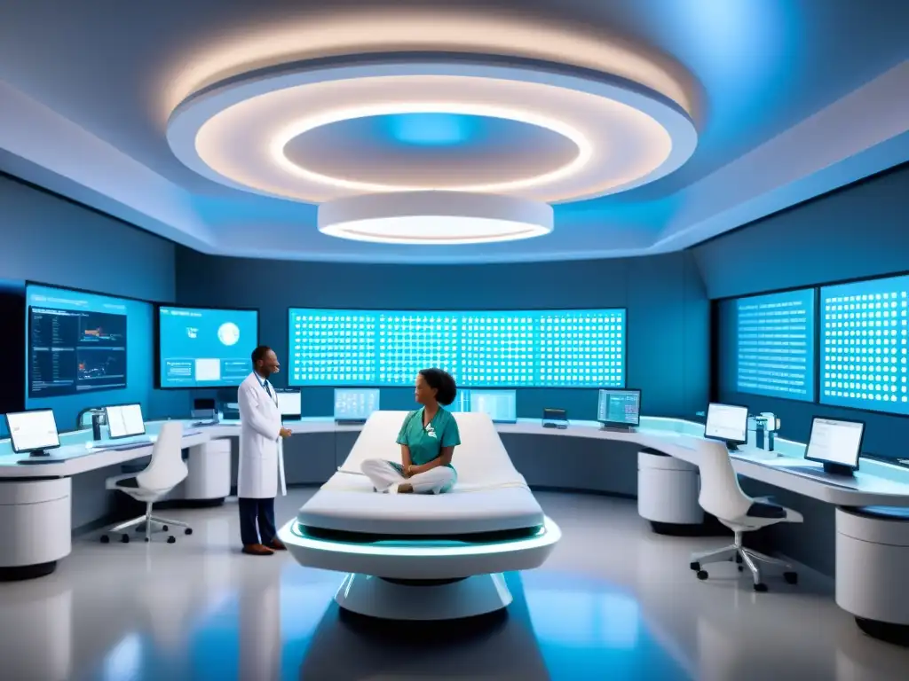 Avanzada instalación médica con IA integrada y herramientas de código abierto, médicos colaborando en un ambiente de innovación y progreso