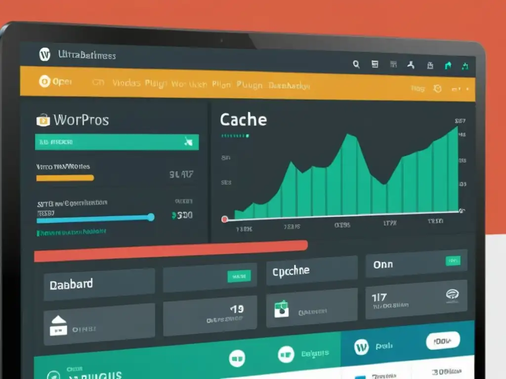 Configuración avanzada de plugins para mejorar velocidad WordPress en un dashboard ultradetallado con diseño moderno y vibrantes colores