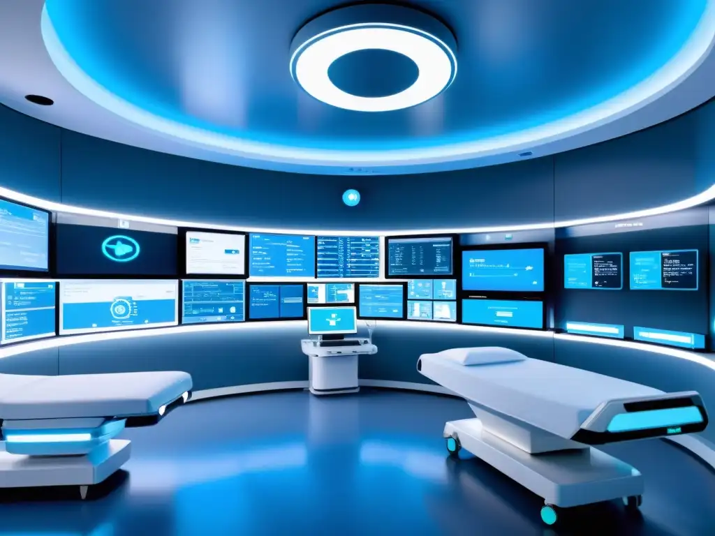 Avanzada sala de UCI futurista con soluciones de IA de código abierto para monitoreo en tiempo real, mostrando una red de dispositivos interconectados y pantallas con datos de pacientes en tiempo real, iluminada con un suave resplandor azul
