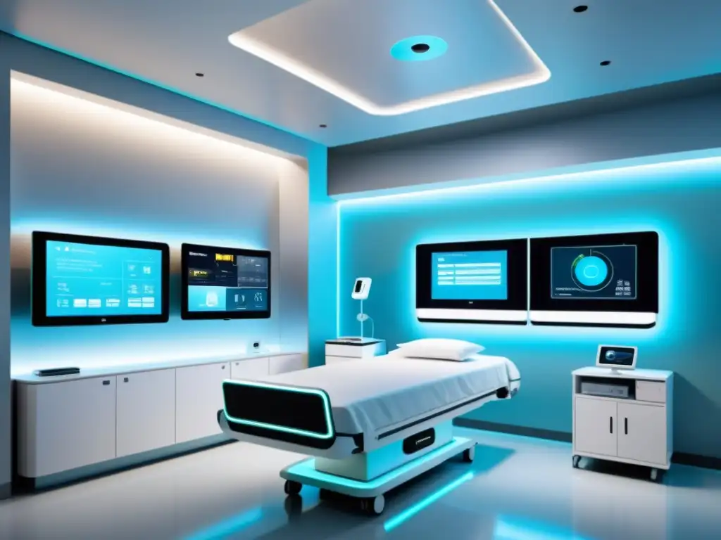 Avanzada sala de hospital futurista con equipos de monitoreo IA en tiempo real, integrados en un diseño minimalista y limpio