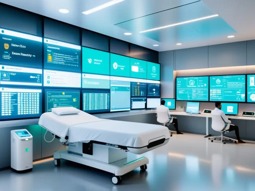 Avanzada sala hospitalaria con IoT de código abierto en medicina, personal médico interactuando con equipos inteligentes y flujo de datos seguro