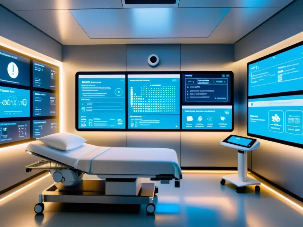 Avanzada sala hospitalaria futurista con tecnología médica IA y plataformas Open Source procesando Big Data para análisis de salud