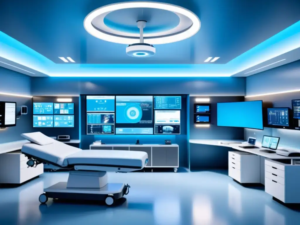 Avanzada sala hospitalaria futurista con tecnología médica IA integrada, monitores y luces azules