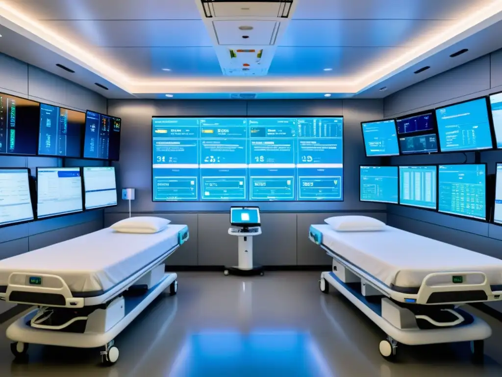 Avanzada sala de UCI con soluciones de IA de código abierto para monitoreo en tiempo real, equipo futurista y suave luz difusa