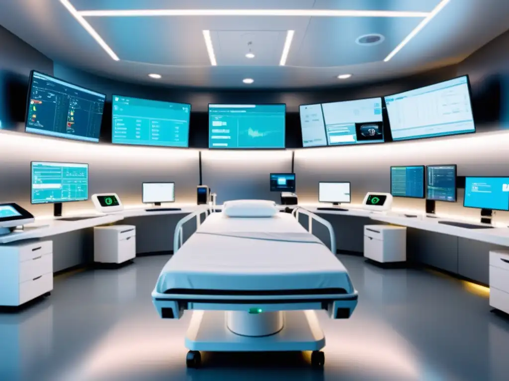 Avanzada sala de UCI con monitores AI, ventiladores y personal médico utilizando soluciones de IA de código abierto para monitoreo en tiempo real