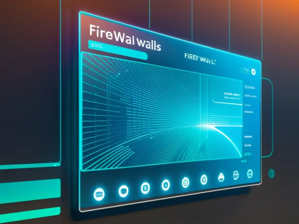 Un avanzado firewall de código abierto para IoT, con interfaz futurista en pantalla holográfica, líneas de código y visualizaciones de datos