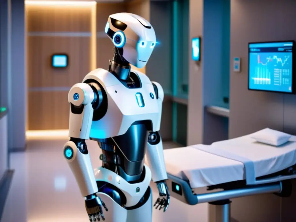 Un avanzado robot médico interactúa con pacientes y personal médico en un hospital futurista, mostrando empatía y profesionalismo