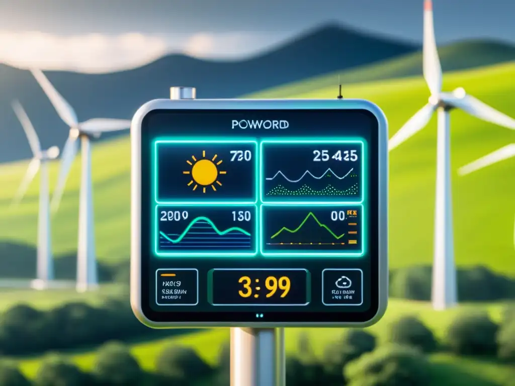 Avanzado sistema meteorológico con IA de diseño futurista, paneles LED y visualización de datos, en paisaje verde con energía renovable