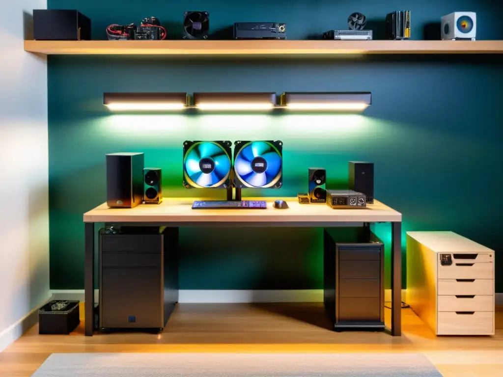 Un banco de trabajo meticulosamente organizado con herramientas y componentes para construir un PC desde cero, destacando una elegante placa base de código abierto, ventiladores LED vibrantes y un estuche transparente que muestra el intrincado hardware interno