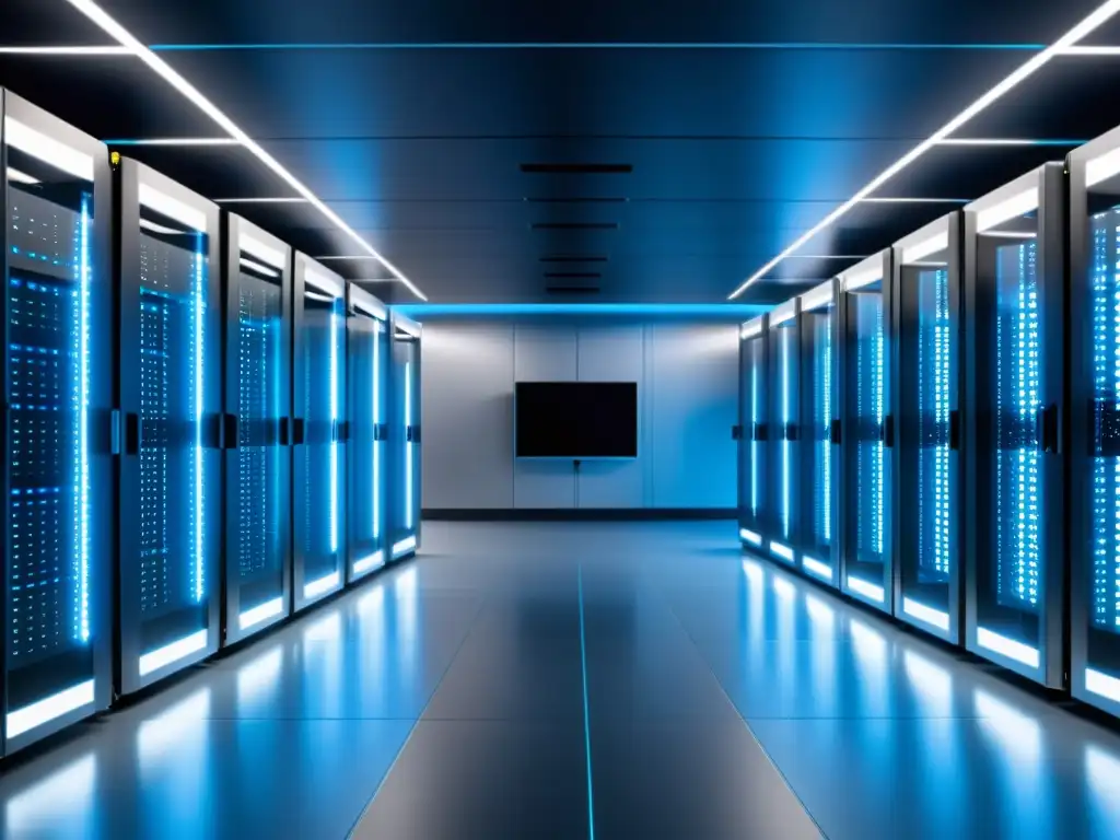 Una base de datos NoSQL orientada a documentos en un centro de datos futurista y seguro con servidores alineados y una suave luz azul, transmitiendo tecnología de vanguardia y confiabilidad