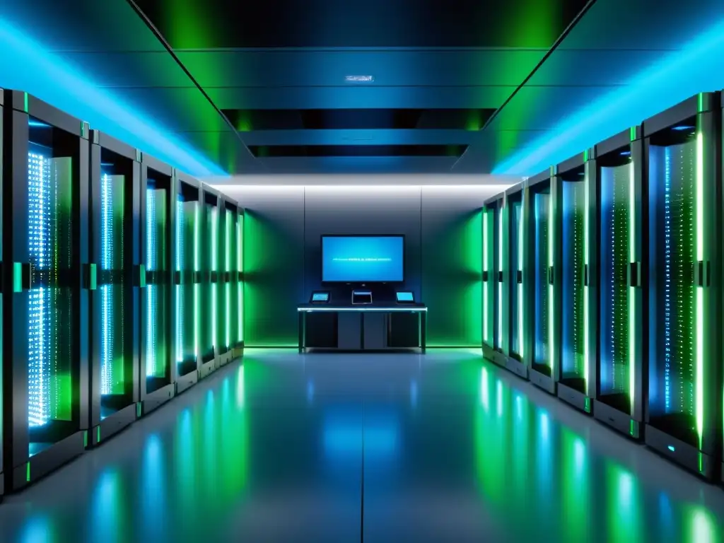 Una base de datos NoSQL orientada a documentos en un centro de datos futurista, con servidores brillantes y personal técnico trabajando
