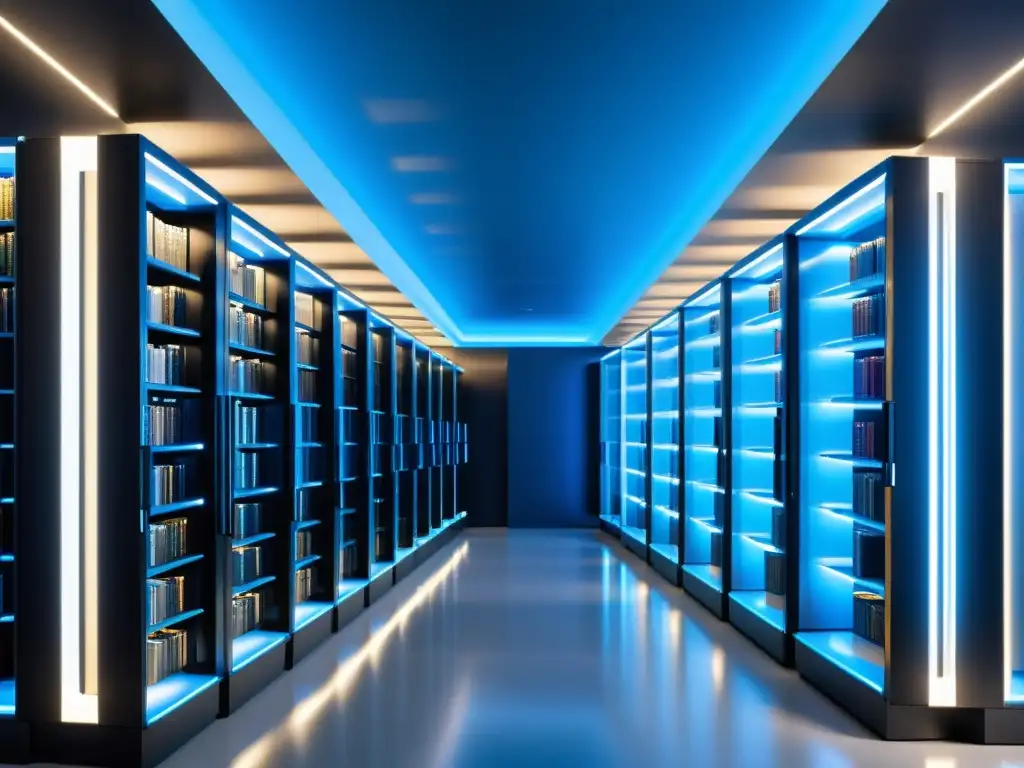 Librería futurista con servidores brillantes en luz azul suave Una biblioteca futurista con servidores y computadoras brillantes, creando un ambiente de eficientes bibliotecas de código abierto y redes neuronales