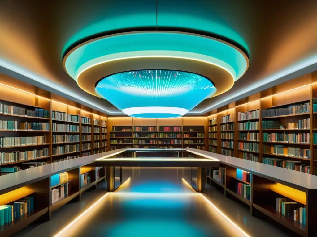 Una biblioteca moderna y futurista con libros abiertos, interfaz holográfica y análisis de sentimientos, iluminada por luz natural