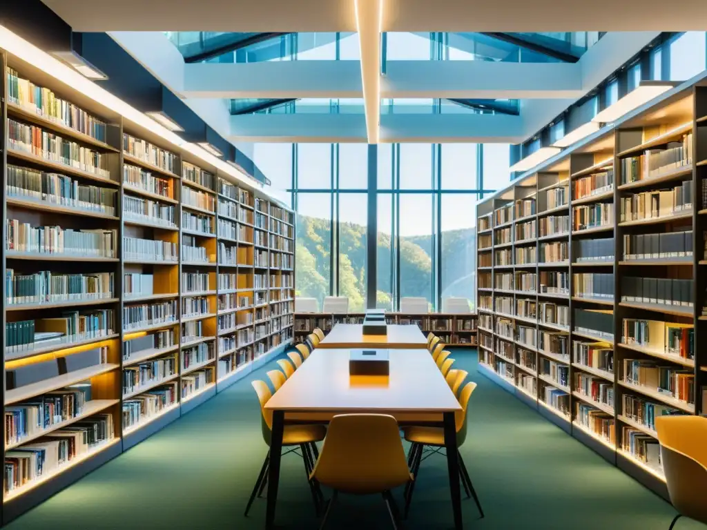 Una biblioteca universitaria moderna llena de publicaciones académicas de software libre y tecnología, iluminada con luz natural