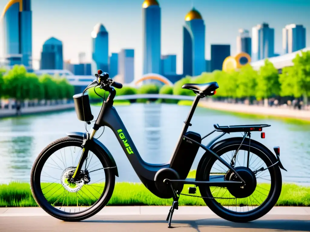 Una bicicleta eléctrica de diseño moderno y elegante estacionada en un entorno urbano animado, con tecnología de código abierto integrada