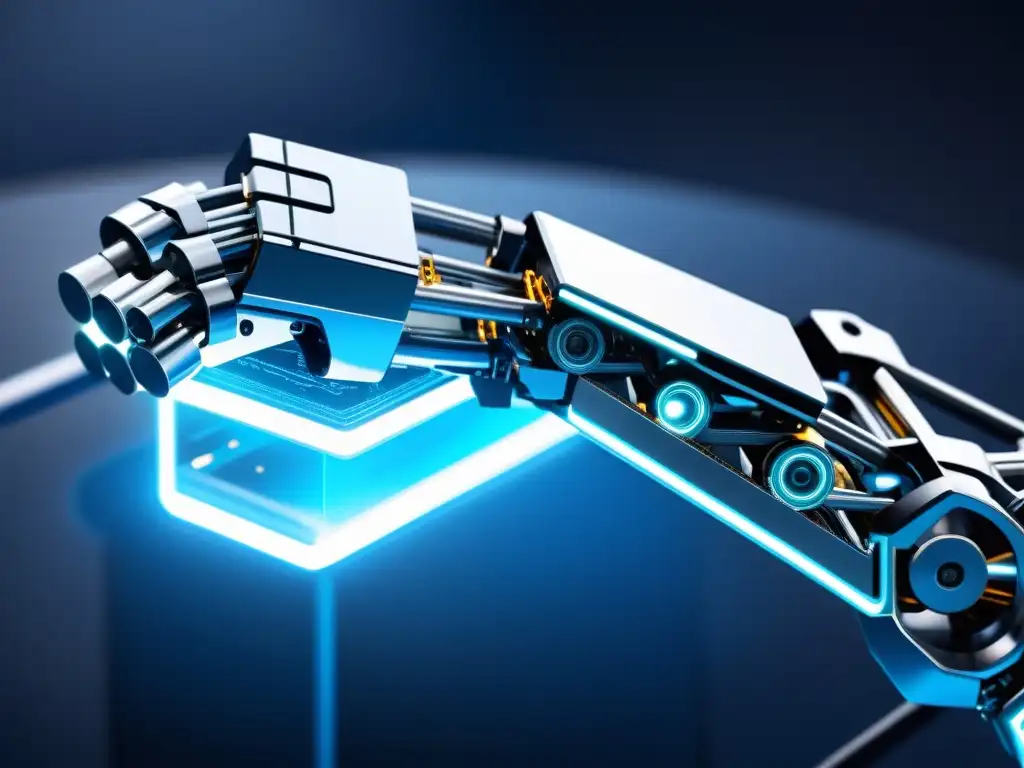Fusionando Blockchain y Robótica de Código Abierto: Detalle de un brazo robótico tejiendo una red blockchain con circuitos brillantes