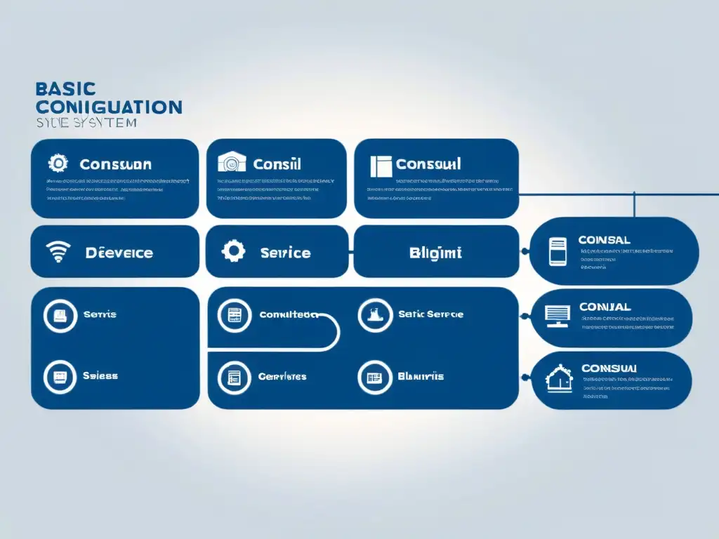 Blueprint moderno del sistema de servicio de descubrimiento y configuración Consul, mostrando la interconexión de componentes y flujo de datos