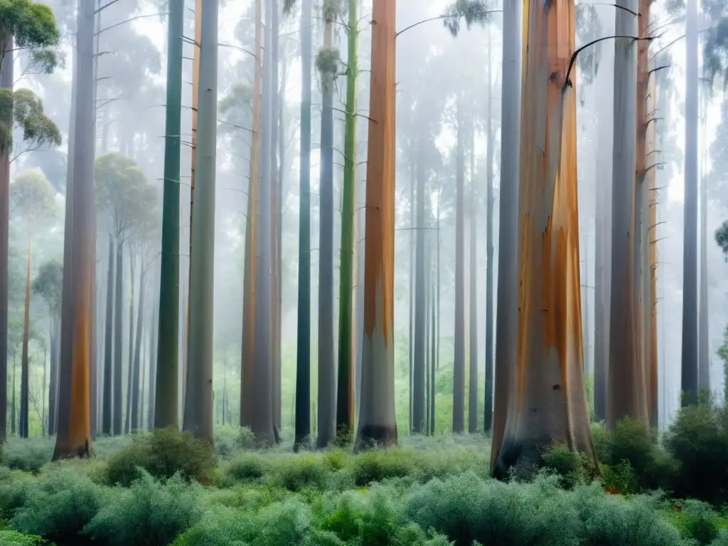 Un bosque exuberante de altos árboles de eucalipto, con troncos esbeltos y hojas plateadas que brillan bajo la luz del sol