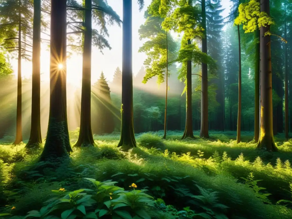 Un bosque exuberante bañado por la luz dorada del sol