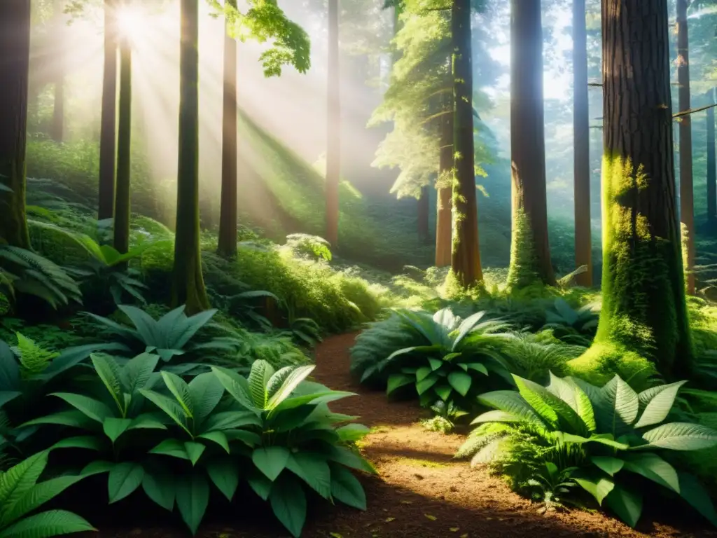 Un bosque exuberante y diverso, iluminado por el sol con sombras en el suelo