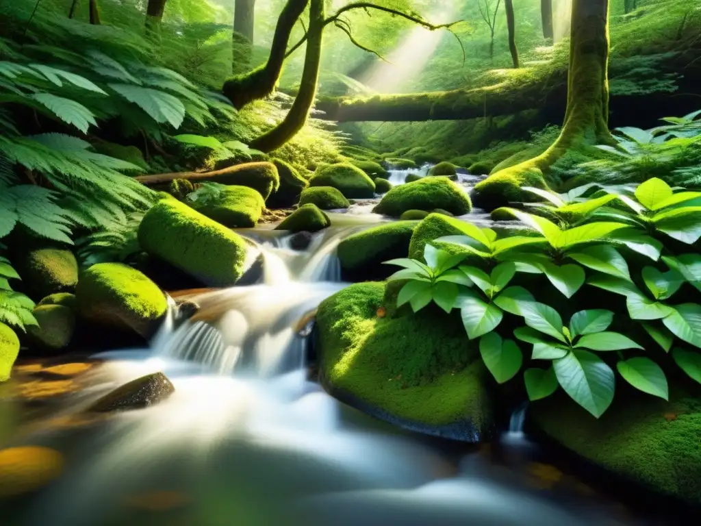 Un bosque exuberante con luz solar filtrándose entre las hojas, resaltando los colores vibrantes de la vegetación