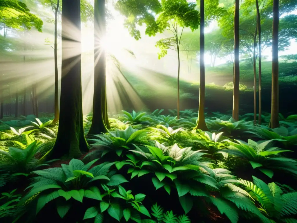 Un bosque exuberante con luz solar filtrándose a través del dosel, proyectando sombras moteadas en el vibrante sotobosque