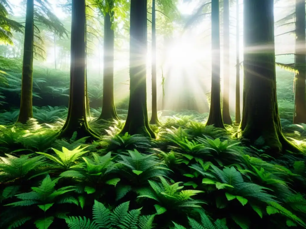 Un bosque exuberante con luz solar filtrándose a través del dosel, creando sombras moteadas en la densa vegetación