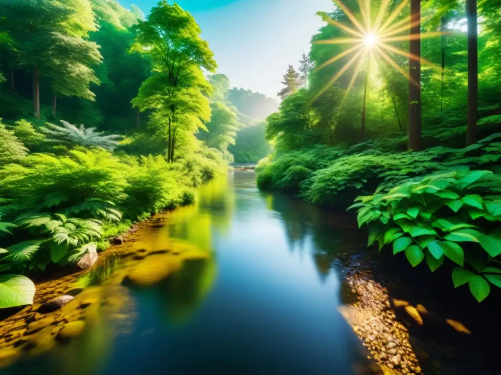 Un bosque exuberante con luz solar filtrándose entre las hojas, resaltando los vibrantes colores de la vegetación