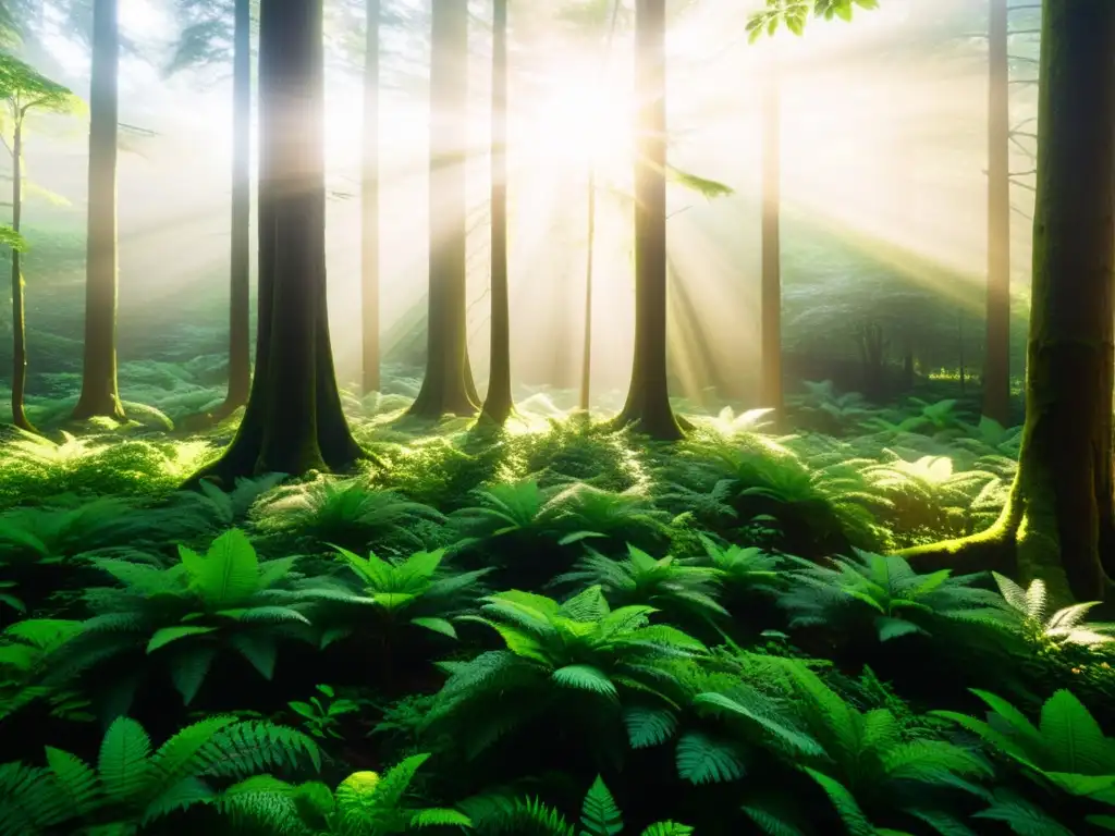 Un bosque exuberante con luz solar filtrándose entre el dosel, resaltando la biodiversidad