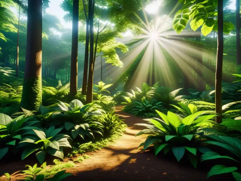 Un bosque exuberante con luz solar filtrándose a través del dosel, destacando la vegetación vibrante y diversa